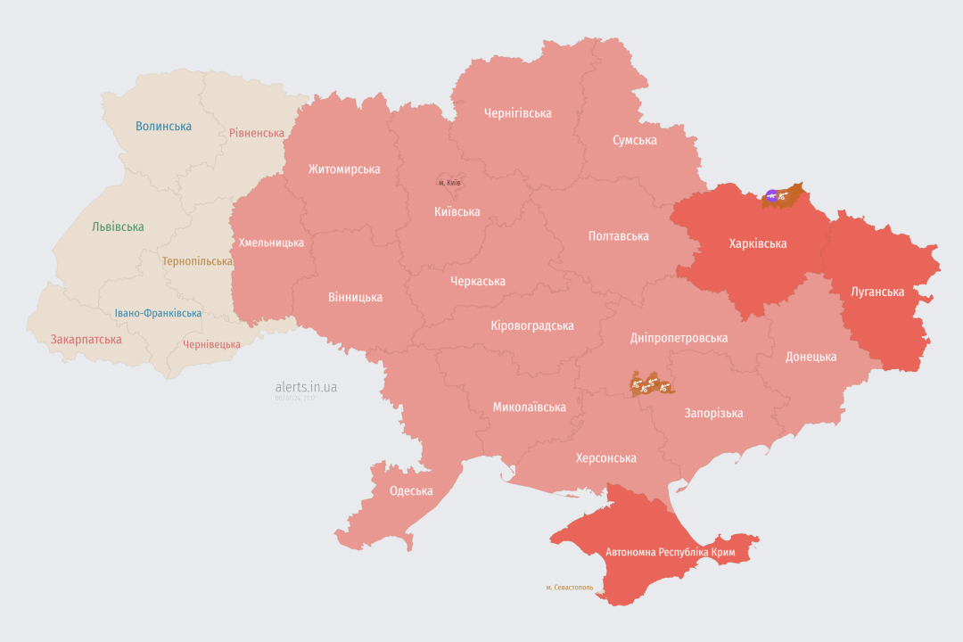 У більшості областей України оголосили повітряну тривогу