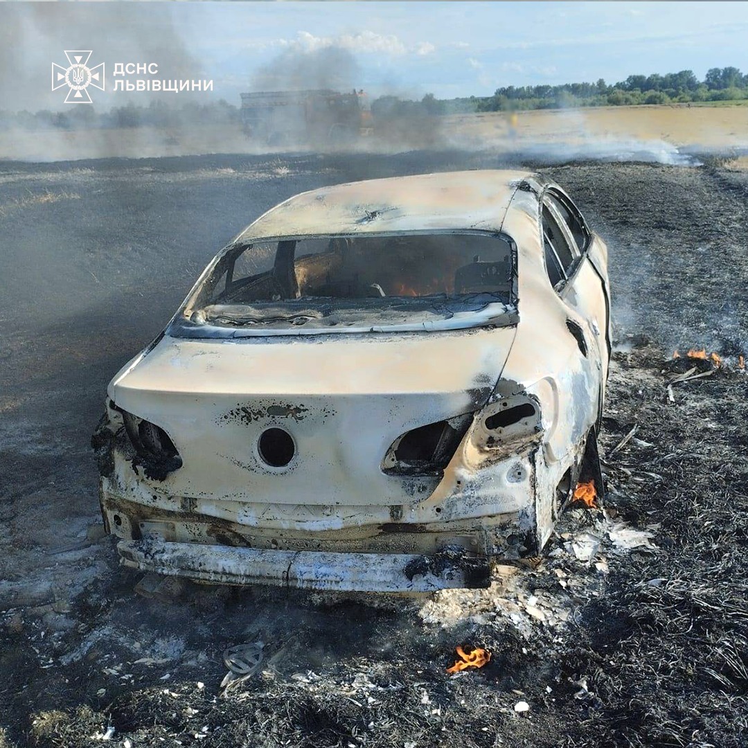 Через підпал сухостою на Львівщині згорів автомобіль, одна людина травмувалася (фото)